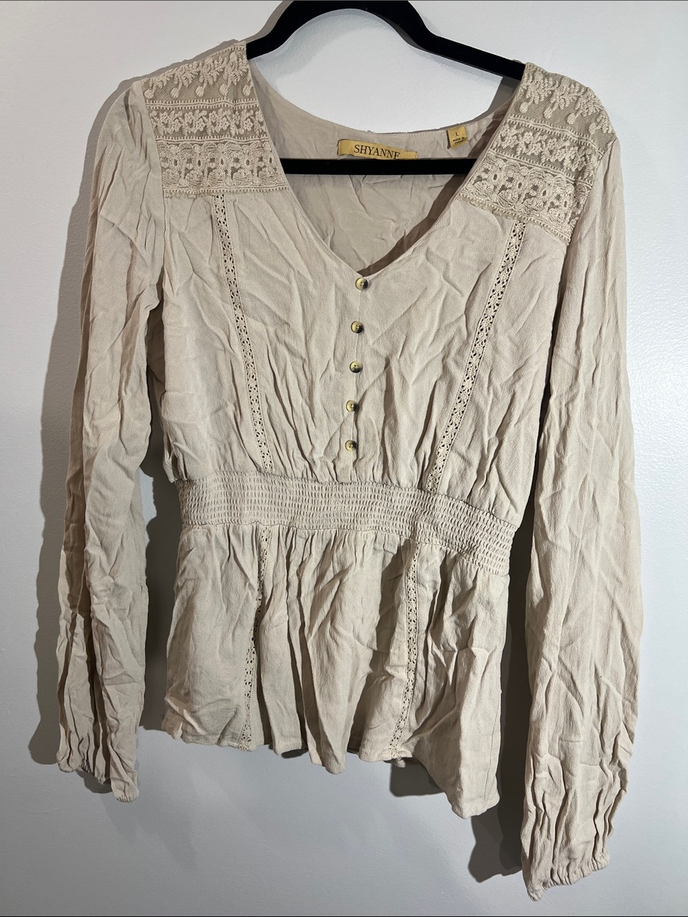 Shyanne Beige Lace-Detail Smocked Peplum Blouse